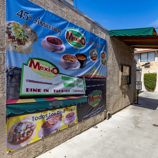 A large blue banner for Little Mexico Chiquito restaurant, featuring food images and a 45th-anniversary message.